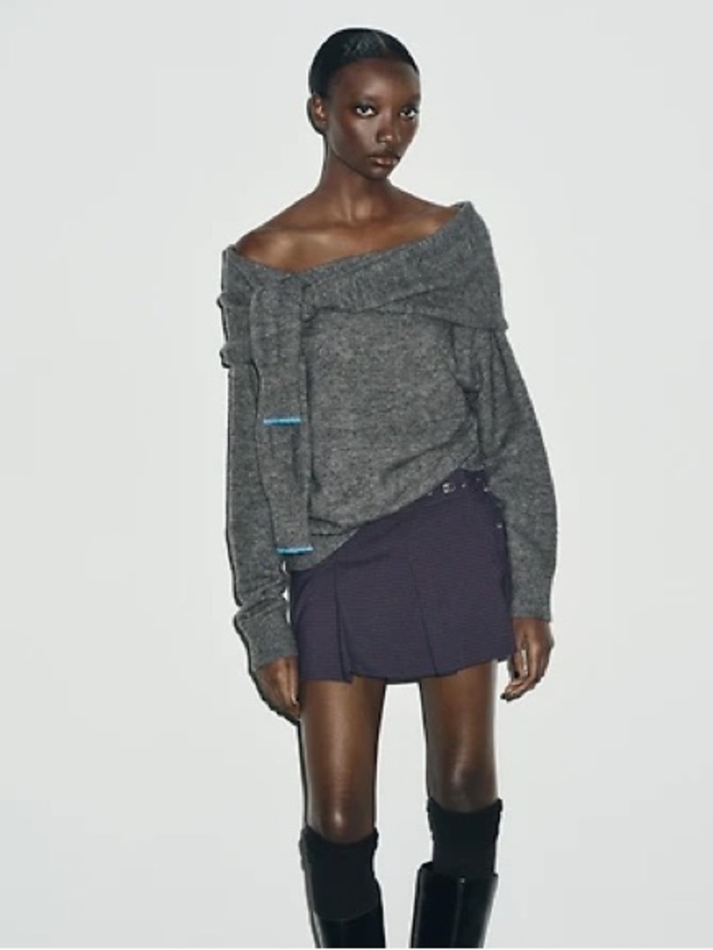 Zara NWT Off The Shoulder Knit Sweater With tight knit front Grey Sz S 1822/104